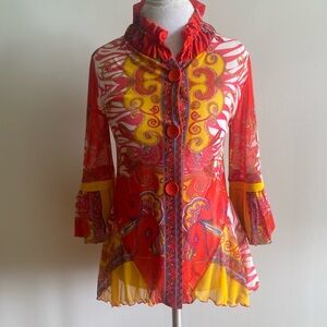 Damee Inc Red and Gold Ruffled Bell Sleeve Blouse